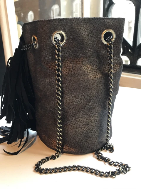 SAC SEAU BOURSE CUIR VERITABLE Bronze et Daim noir Bandoulière