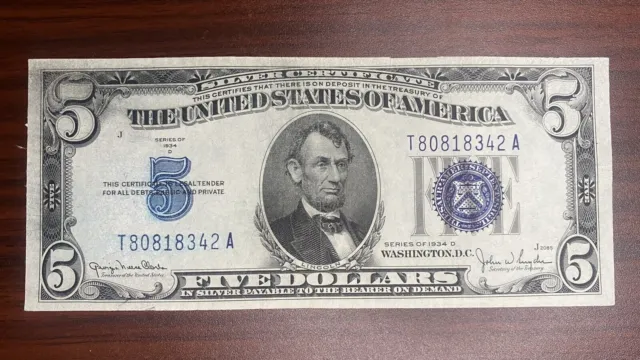 1934 D Five Dollar Bill $5 Silver Certificate Note UNC #48046
