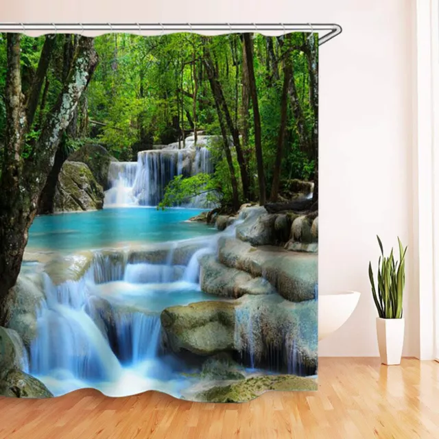 3D Waterfall Scenery Shower Curtain Wall Hanging Water Resistant W/Hook 180cm