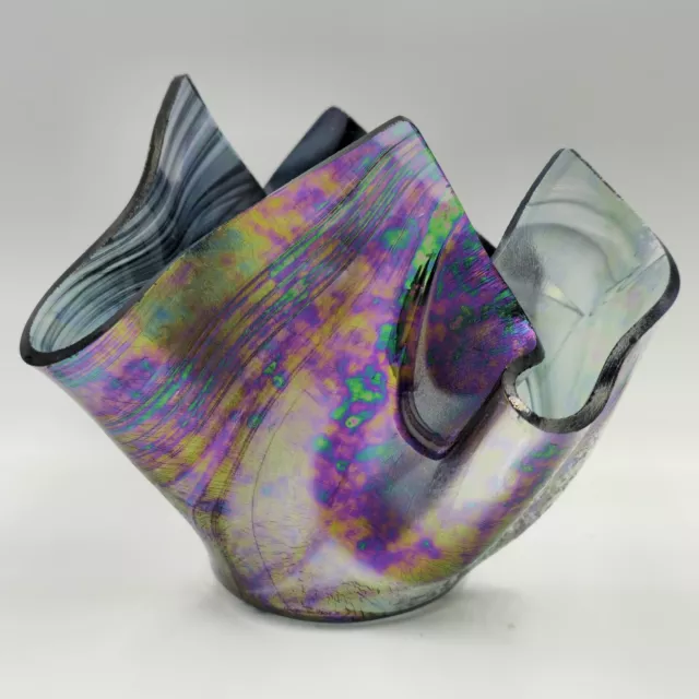 Vintage 1990s Iridescent Art Glass Handkerchief Vase Candle Holder Signed CE 98