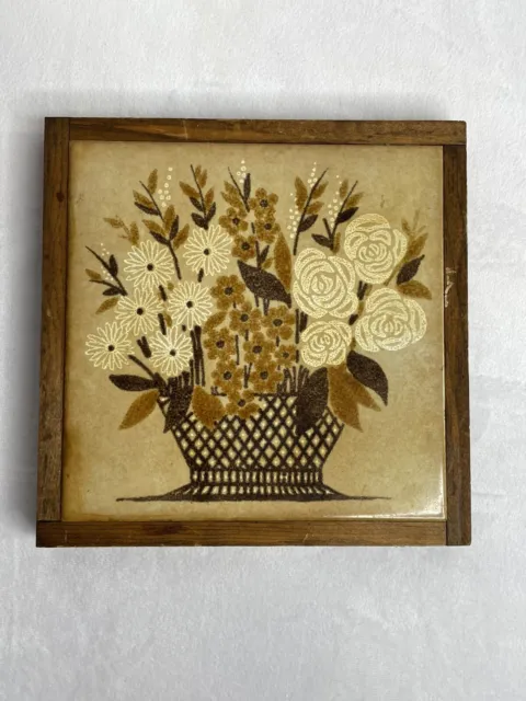 Vintage Trivet Italian Ceramic Tile Floral Flower Basket Wood Frame Italy