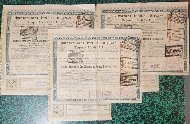 Gouvernement Impérial Ottoman Déco Lot de 3 Certificats Provisoires 500 F - 1914