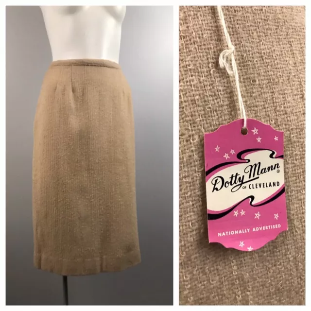 1960s Pencil Skirt / NOS Beige Nubby Wool Woven Fitted Knee Skirt Unworn / XS