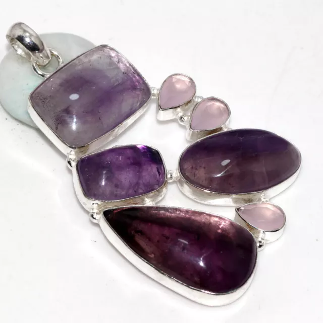 Natural Amethyst Pink Chalcedony 925 Silver Plated Massive Pendant 3" Gifts GW