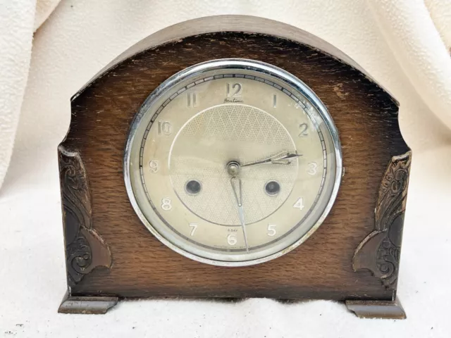 Vintage Antique Oak Mantle Clock Bentima Made In England Chiming