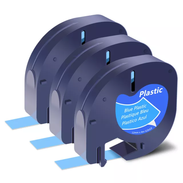 3PK For DYMO LetraTag Plus LT100H 12mm Black on Blue plastic Label Tape 91335