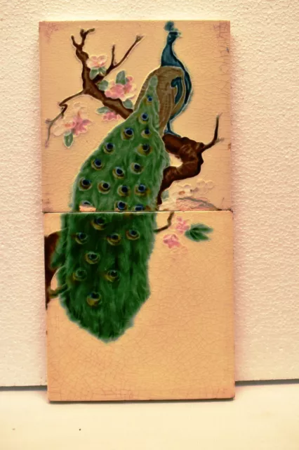 Antique Peacock Design Tile Majolica Ceramic By Richards England Decorative Old