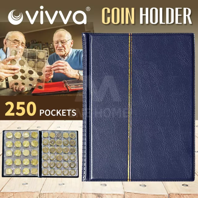 250 Coin Holder Collection Storage Collecting Money Penny Pockets Album Blue