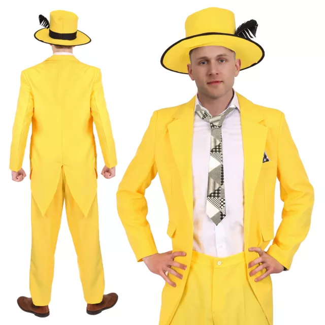 Yellow Suit With Hat Tie Mask 90'S Film Movie Halloween Mens Party Fancy Dress