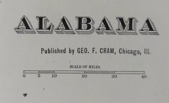 Vintage 1901 ALABAMA Map 14"x22" Old Antique Original MONTGOMERY TALLADEGA AL