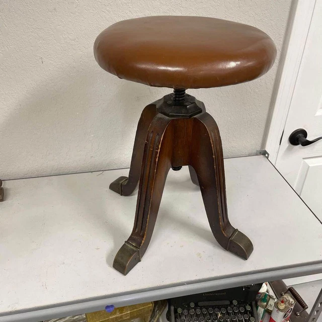 Vintage Antique Swiveling Piano Bench Seat Stool Wood Metal Footed Legs - HLN