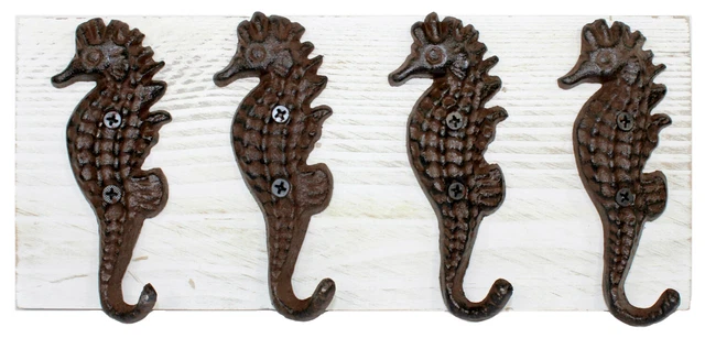 Seahorse Hooks Mounted on Painted Wood Wall Plaque 12 Inch