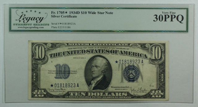 1934-D $10 Dollar Silver Certificate Wide *STAR* Note Fr.1705* Legacy VF-30 PPQ