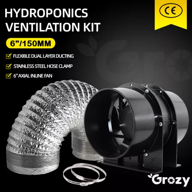 GROZY 6"/150mm Ventilation Kit Hydroponics Axial Inline Silent Fan Ducting Combo