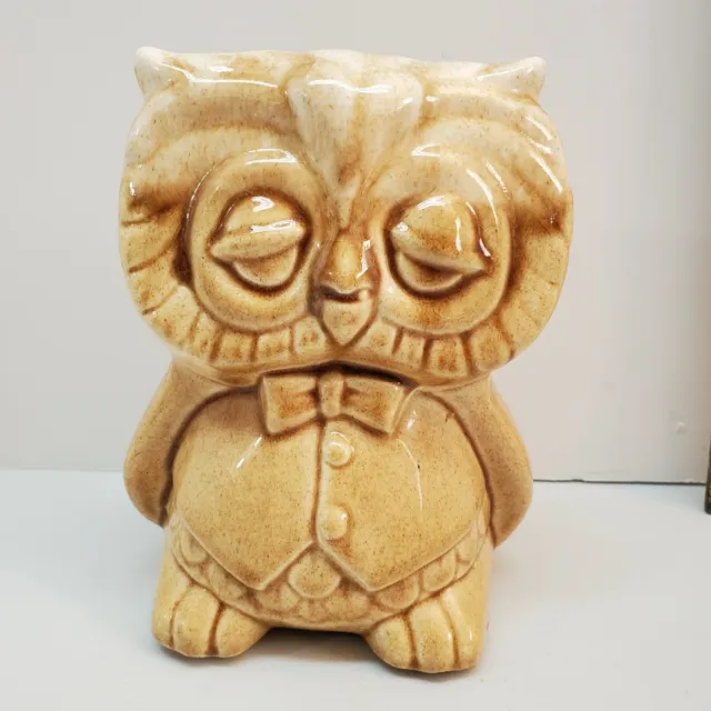 Vtg MCM Art Craft Pottery Sleepy Owl Planter Ceramic brown drip glaze bow tie