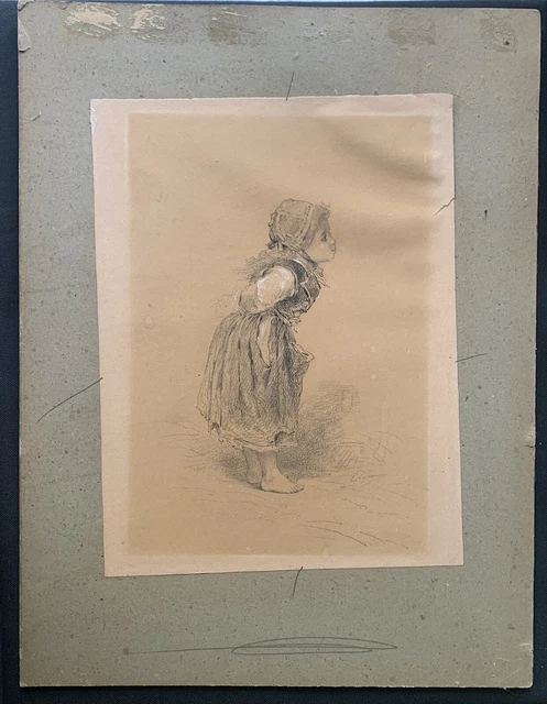 Dessin Original XVIIIe Siècle - Portrait Enfant Au Crayon Fusain, Costume Fraise, Art Ancien