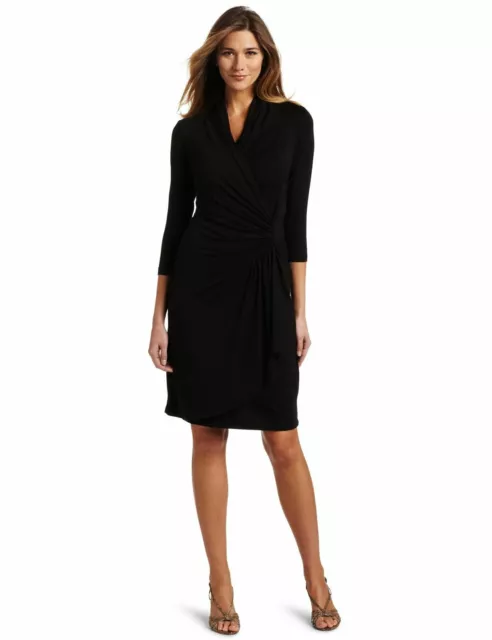 Karen Kane Women's 3/4 Sleeve Cascade Wrap Dress, Black, Large