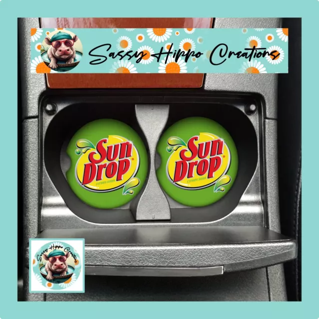 Car Coasters Sun Drop Citrus Soda Pop Cola Beverage Set 2 Neoprene Absorbent