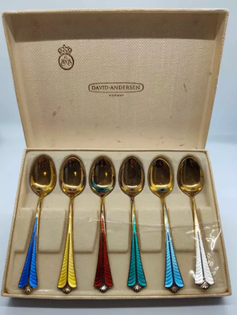 David Andersen Sterling Silver 925 Enamel Demitasse 6 Spoon Set Orig Box Mint Cd