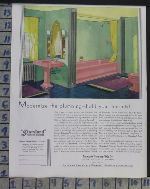 1930 Standard Modern Pink Bath Room Tub Sink Home Decor Vintage Art Ad  Cg68