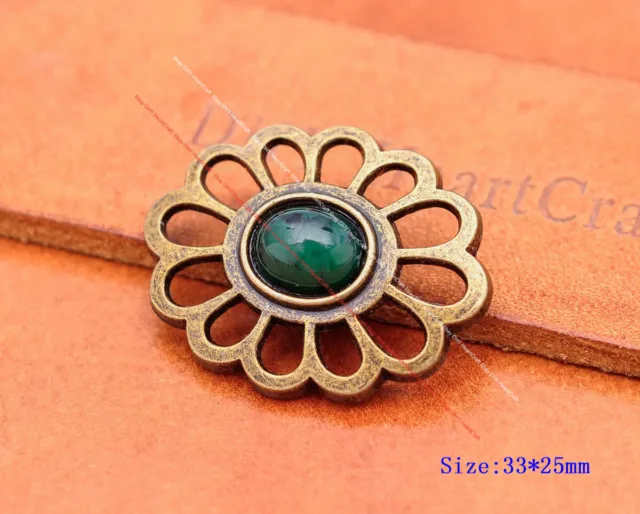 10X Bolso artesanal de latón hueco flor ovalada verde turquesa cuero concho
