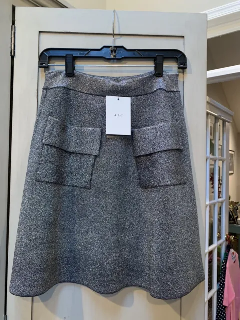 ALC A.L.C. Designer  Silver Metallic Fit and Flare Mini Skirt Sz S NWT