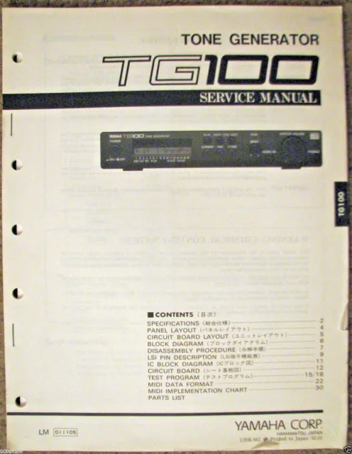 Yamaha TG100 Ton Generator Synthétiseur Original Service Manuel, Schematics Book