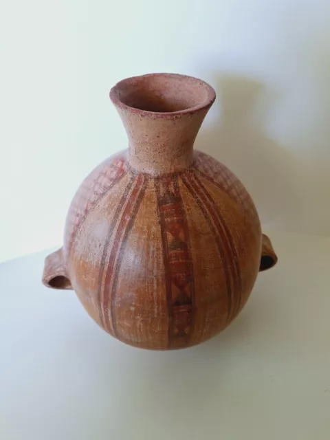 Pre Columbian Style Chile Inca Aztec Peruvian Pottery Double Hand Vessel Signed