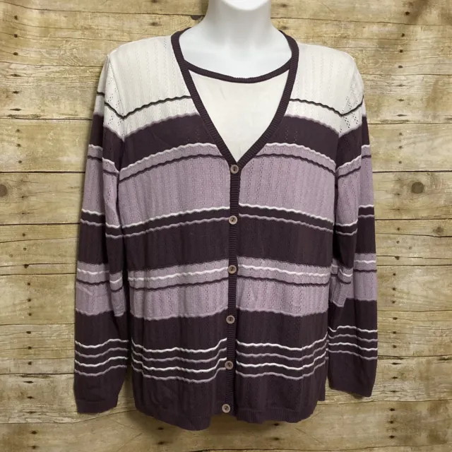 Alfred Dunner Size 2X Faux Twinset Sweater Purple White Striped Cardigan USA