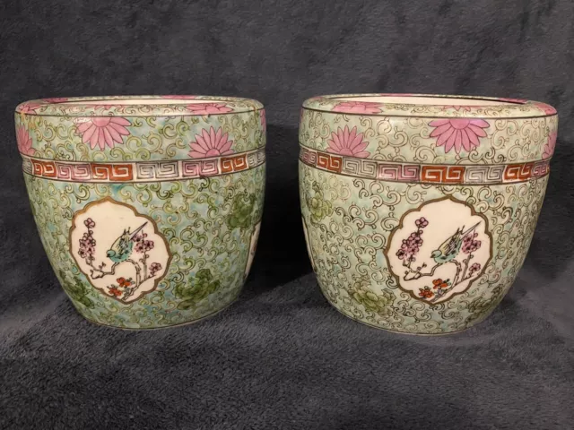Pair Japanese Early 20th Century Multi-Color Hibachi Planter 6”D