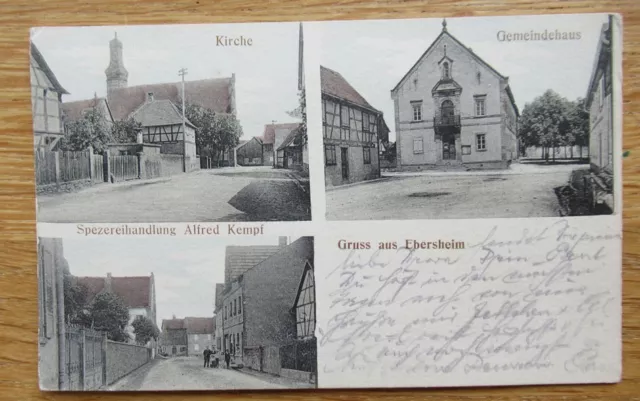 Postcard Ebersheim species shop Kempf / church / community house around 1915