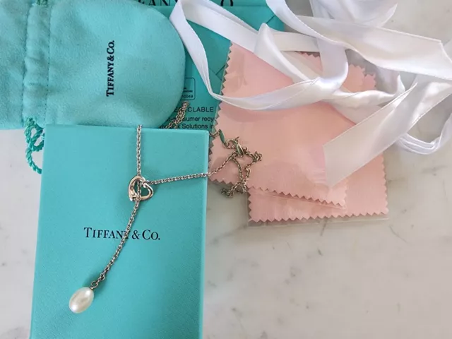 AUTH Tiffany & Co. Elsa Peretti Open Heart Pearl Lariat Necklace Silver MSRP$750