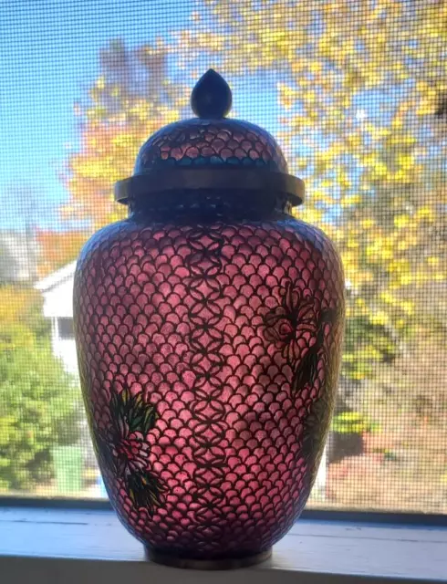 Antique Chinese Plique a Jour Cloisonne Enamel Vase Jar Rose Red Enamel & Brass