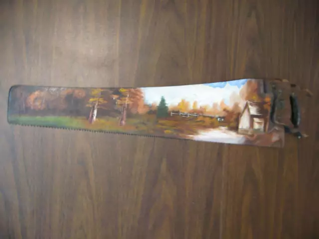 Beautiful Vintage Handpainted Wood Handle Hand Saw Art Log Cabin Nature Scenery