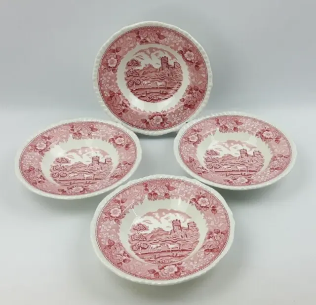 4x Adams English Scenic Pink 20.5cm Rimmed Soup / Dessert Bowls - Vintage