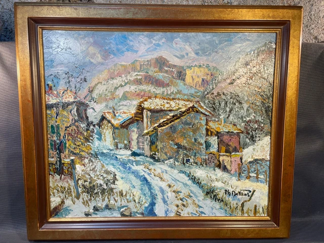 Tableau Huile Sur Toile Signé - Village De Montagne - Paysage XXe Siècle - 33x46 Cm