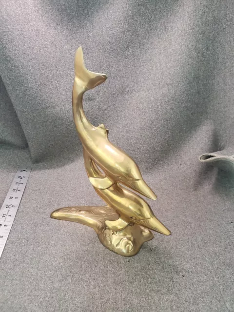 Brass Dolphin Statue Mid Century Swimming Dolphins Pair Figurine Sculpture