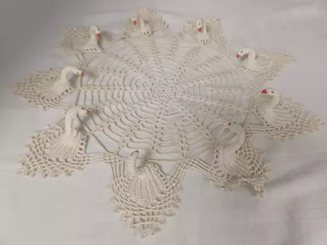 Vintage Crotchet Lace Swan Doily 9 Point Handmade