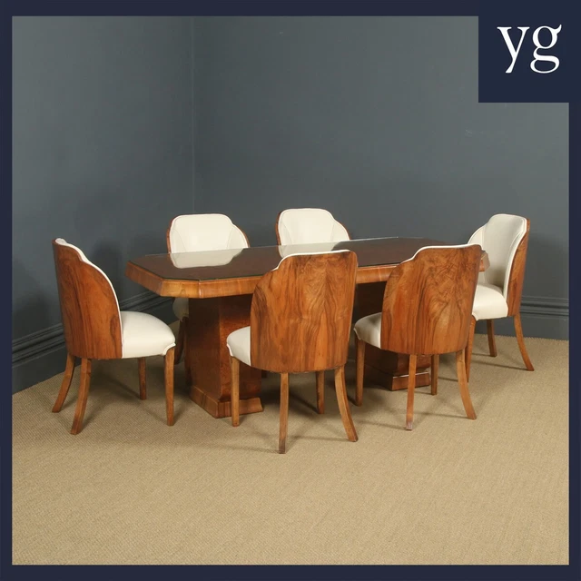Mesa de comedor inglesa Art Deco Epstein rebaba de nogal y seis sillas de cuero (c 1910) Mesa de comedor inglesa Art Deco Epstein rebaba de nogal y seis sillas de cuero (c 1910)