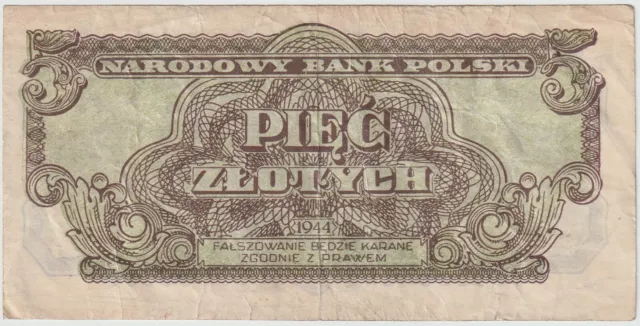 Poland 5 Zlotych Banknote 1944 Choice Fine Condition Pick#108 2