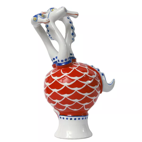 Vintage Hungarian Hand Painted Porcelain Three Headed Dragon Figurine Hollohaza