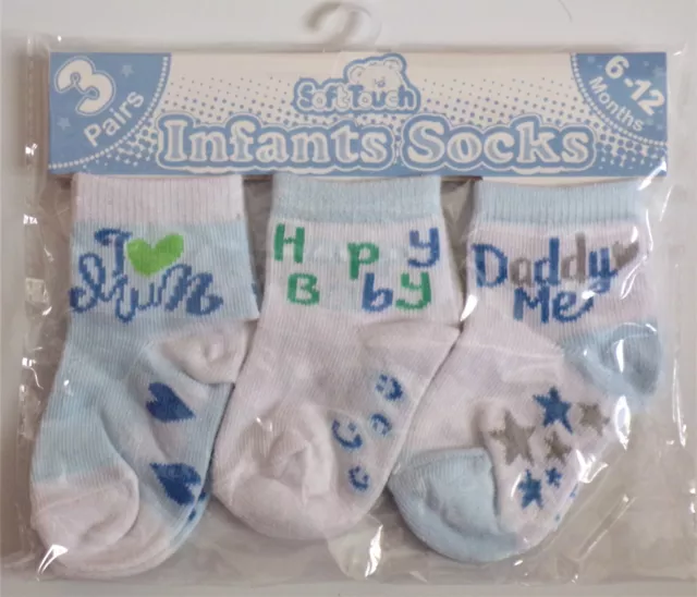 Three pairs Baby Boys socks NB - 12month Blue Daddy, Happy Baby, Mum