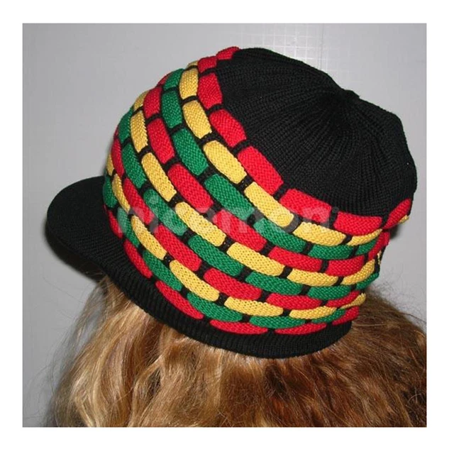 Chapeau Rocker Reggae En Laine - Vert Rasta - Haute Couronne, Large Bord - Taille L - Vintage