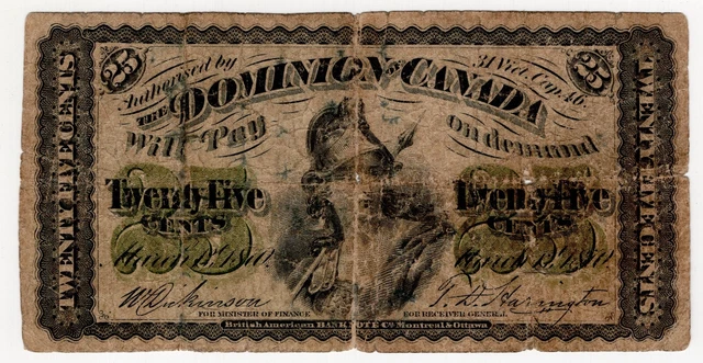 1870 Dominion Of Canada Twenty Five 25 Cent Shinplaster Bank Note Nice Bill