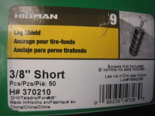 Box Of 50: Hillman 3/8” Short Lag Shield H370210 3/8” Drill 5/8 Solid Walls