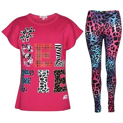 Bambini Top Selfie Stampa Trendy Rosa T Shirt Maglietta & Moda Legging Set