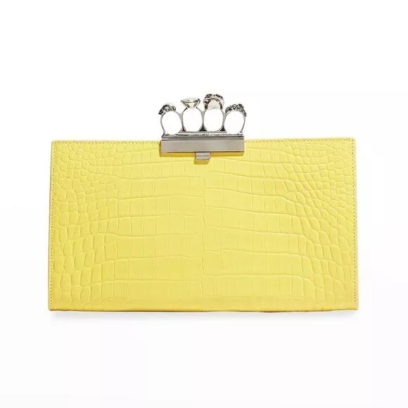 Alexander McQueen Skull Four-Ring Croc-Embossed Leather Clutch Bag in Yellow Alexander McQueen Skull Four-Ring Croc-Embossed Leather Clutch Bag in Yellow