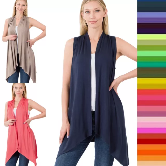 Women's Open Front Sleeveless Cardigan Hi-Low Hem Soft Rayon Draped Vest 2