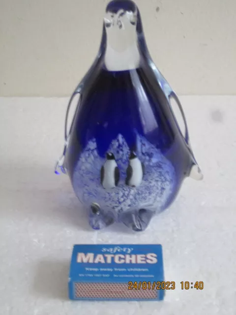 Lovely Heavy Blue   Glass   Penguin  Ornament With 2 Penquins Inside