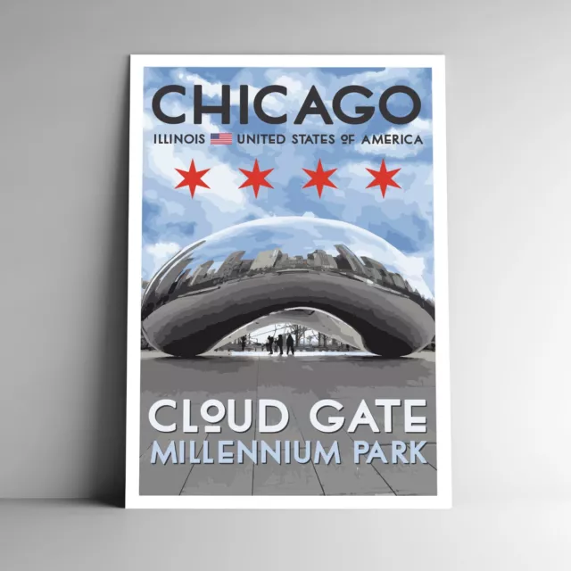 Chicago Travel Poster Postcard Cloud Gate The Bean United States Multiple Sizes